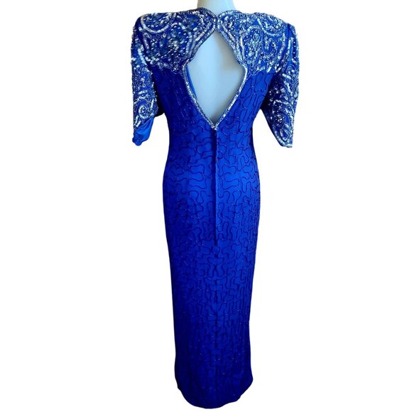 XL Vintage Dress Blue Sequined Evening Gown Maxi Intricate Beading 100% Silk 90s - Picture 4 of 7